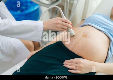 Nahaufnahme des weiblichen Arztes, der Ultraschall des Bauches der liegenden schwangeren jungen Frau durchführt. Stockfoto