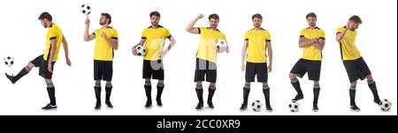 Foto-Set von Fußballspieler in gelb und schwarz Uniform mit Ball isoliert auf weißem Hintergrund, Fußball-Design-Kollektion Stockfoto