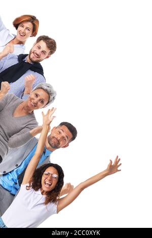 Erfolgreiche angeregte Geschäftsleute Gruppe Team, junge Geschäftsleute stehen zusammen Lächeln halten Faust ok ja Geste mit erhobenen Händen Arme, Studio ist Stockfoto