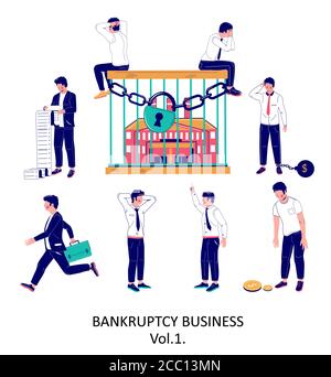 Geschäftsbankrott Zeichensatz, Vektor flach isolierte Illustration Stock Vektor