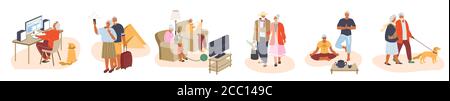 Ältere Menschen Freizeitaktivitäten Set, Vektor flache Illustration Stock Vektor