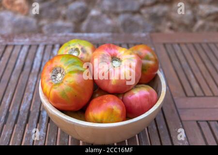 Eine Schüssel voll mit frischen Moruno Tomaten in einem hölzernen Hintergrund Stockfoto