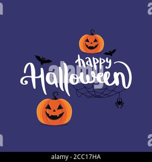 Halloween Schriftzug mit Kürbissen und Fledermäusen. Vektorgrafik im flachen Stil Stock Vektor