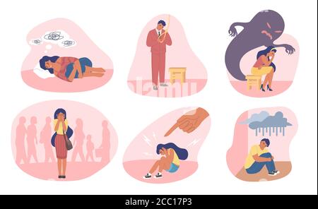 Menschen, die Traurigkeit, Angst und Angst erleben, Vektor-flache Illustration Stock Vektor