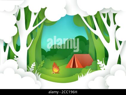 Sommer Camping im Wald, Vektor-Illustration in Papierkunst-Stil Stock Vektor