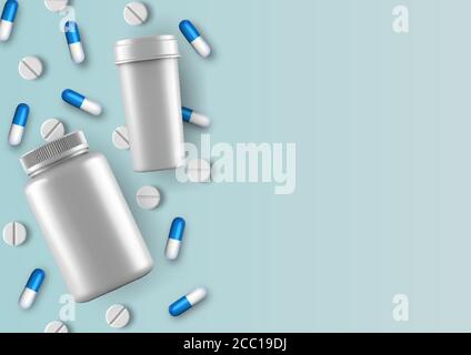 Realistische Glas für Tabletten und Pille. Medizinischer Hintergrund. Vektor Stock Vektor