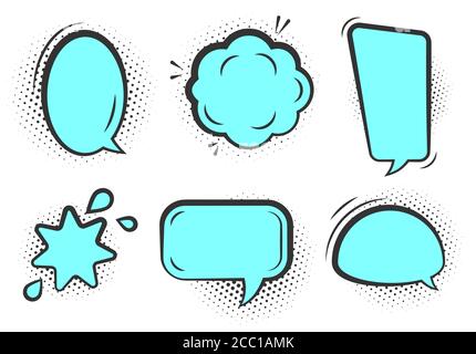 Comic Sprechblase Set. Cartoon leere Textwolken mit Halbton-Punktschatten. Verschiedene Formen blank Pop Art Linie Doodle Blasen. Vorlage für Comics-Nachrichtenballons. Isoliert auf wnite Vektordarstellung Stock Vektor