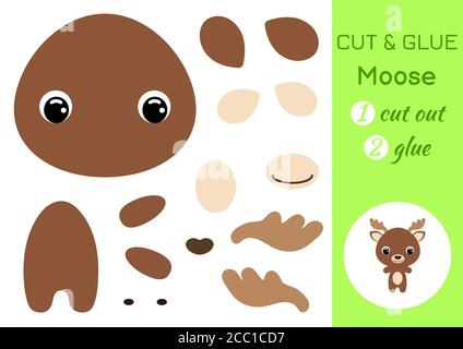 Schneiden und kleben Baby Elch. Arbeitsblatt zur Entwicklung von Schulungen. Farbe Papier Spiel für Kinder im Vorschulalter. Teile des Bildes ausschneiden und auf Papier kleben. Stock Vektor