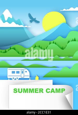 Sommercamp, Vektor-Illustration in Papierkunst-Stil Stock Vektor