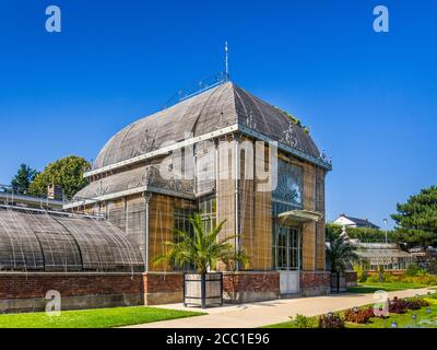 Holzjalousien decken die Fenster des Palmarium im Jardin des Plantes - Nantes, Loire-Atlantique, Frankreich. Stockfoto