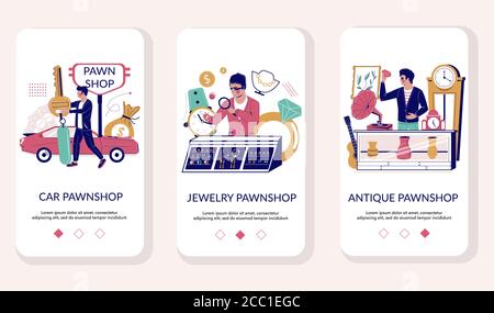Pawnshop mobile App Onboarding Bildschirme Vektor-Vorlage Stock Vektor