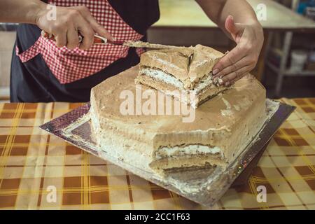 Professioneller Koch macht einen Kuchen. Nahaufnahme der Hände Stockfoto