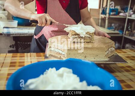 Professioneller Koch macht einen Kuchen. Nahaufnahme der Hände Stockfoto