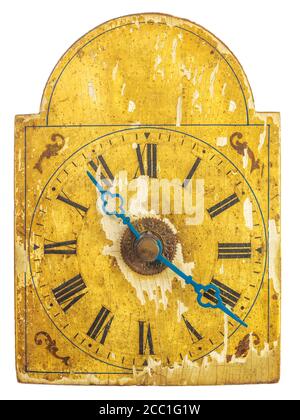 Echte ornamentale Uhr aus dem 17. Jahrhundert mit blauer Stunde und Minute Hände isoliert auf weißem Hintergrund Stockfoto