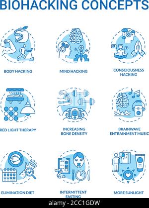 Biohacking Konzept Symbole gesetzt. DIY Biologie, Gesundheit Verbesserung Idee dünne Linie RGB Farbe Illustrationen. Die Produktivität von Körper und Geist steigt. Vektor ist Stock Vektor