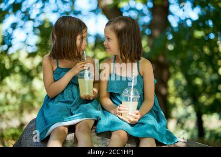 Zwei niedliche kleine Mädchen in Kleidern sitzen auf einem Stein Und Limonade trinken Stockfoto