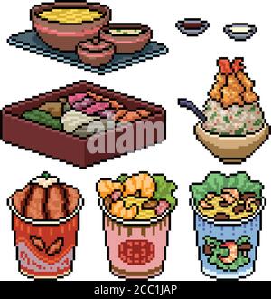 Pixel Art Set isoliert asiatische Fast Food Stock Vektor