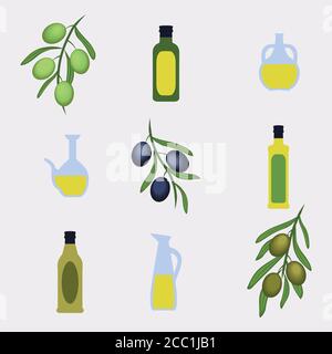vector griechischen Stil Flaschen, Gläser, Olivenblätter auf grauem Hintergrund Stock Vektor