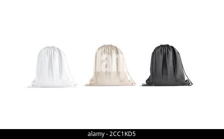 Blank schwarz, weiß, Leinen Kordelzug Rucksack Mockup-Set, Vorderansicht Stockfoto