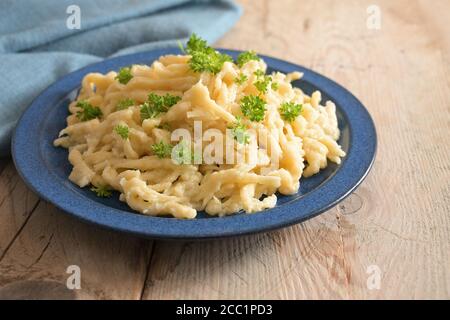 Hausgemachte Spätzle serviert mit Petersilie garniert auf einem blauen Teller und einem rustikalen Holztisch, traditionelle Eiernudeln in Schwaben, Süddeutschland und Austr Stockfoto