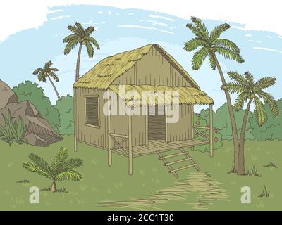 Dschungel Hütte Haus Grafik Farbe Landschaft Skizze Illustration Vektor Stock Vektor