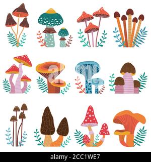 Cartoon Wald Pilze Handgezeichnete Icons Set Stock Vektor