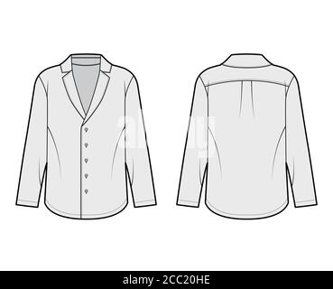 Shirt im Pyjama-Stil technische Mode-Illustration mit lockerer Silhouette, spitzem Kragen, Knopfverschluss vorne, langen Ärmeln. Flache Bekleidungsvorlage Vorderseite Rückseite grau Farbe. Damen Herren Unisex-Shirt Stock Vektor