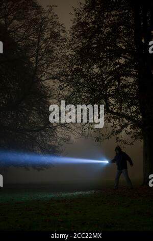 Deutschland, München, Mann Beleuchtung schauriger Baum mit Fackel in Nacht und Nebel Stockfoto