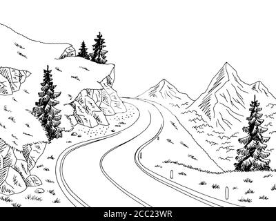 Mountain Road Grafik schwarz weiß Landschaft Skizze Illustration Vektor Stock Vektor
