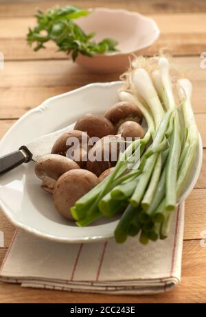 Pilzen und Frühlingszwiebeln in Schüssel, Nahaufnahme Stockfoto