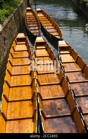 Deutschland, Baden-Württemberg, Ulm, Angelboote/Fischerboote an Donau Stockfoto