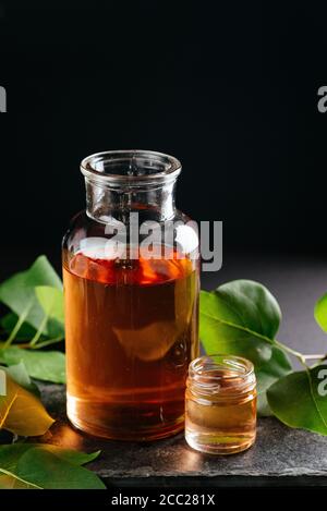 beerentinkturen in Shorts mit Früchten und Beeren auf der Hintergrund Stockfoto