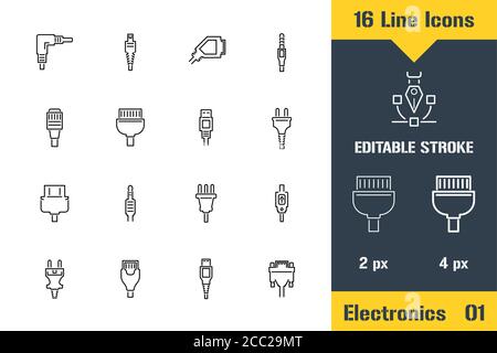 Drahtadapteranschluss, Kabelstecker. Symbol für dünne Linien - Darstellung des flachen Vektorgrafiken. Bearbeitbares Strichpiktogramm. Hochwertiges Grafikkonzept für Stock Vektor