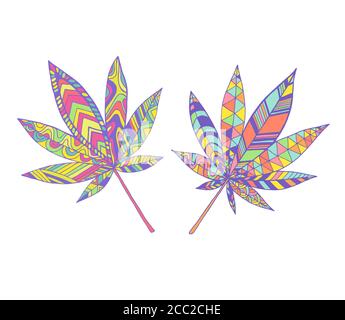 Bunte Sommer psychedelischen Blätter Marihuana, Neon helle Farbe, isoliert auf weißem Hintergrund. Dekorative Cannabisblätter im Doodle-Stil. Eac Stock Vektor