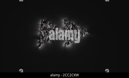 3d-Rendering der Menge von verschiedenen Menschen mit Taschenlampe in Form des Symbols des Schnellvorlauf-Symbols auf dunklem Hintergrund Mit Schatten Stockfoto