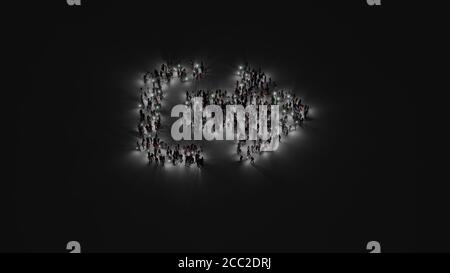 3d-Rendering der Menge von verschiedenen Menschen mit Taschenlampe in Form des Symbols des linken Pfeils mit Richtung vom Profil Auf dunklem Hintergrund mit Schatten Stockfoto