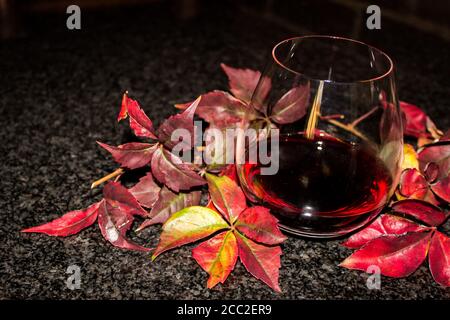 Ein stammloses Glas gefüllt mit einem dunklen Rotwein, umgeben von Herbstblättern in verschiedenen Rottönen auf einer schwarzen Arbeitsplatte Stockfoto