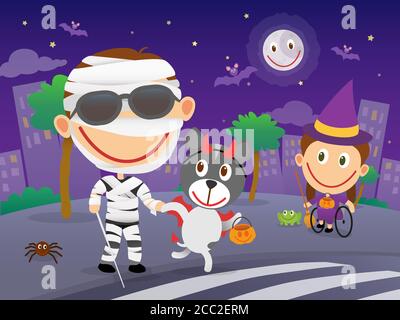 Glückliches blindes Kind mit Stock und Sonnenbrille als Mumie gekleidet überqueren Sie die Straße an einer Zebrakreuzung mit seinem quiden Hund in der halloween-Nacht. Stock Vektor
