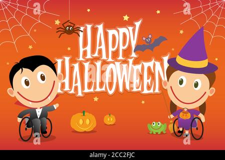 Rollstuhlkinder auf halloween Kostümen. Behinderte Kinder als Vampir und Hexe gekleidet. Vektorgrafik-Karte. Stock Vektor