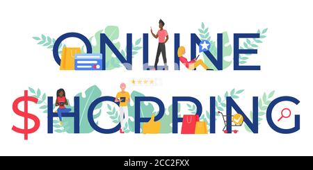 Online-Shopping Wort Vektor Illustration. Cartoon Wohnung winzigen Mann Frau Käufer Charaktere mit Smartphone oder Tablet mobile Shop-App für den Kauf im Internet, Online-Shop-Konzept isoliert auf weiß Stock Vektor