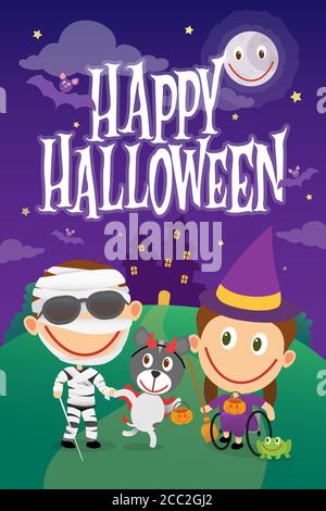 Blinder Junge und Rollstuhlmädchen auf halloween Kostümen. Behinderte Kinder, die als Mama und Hexe gekleidet sind. Vektorgrafik Stock Vektor