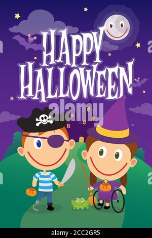 Amputee Junge und Rollstuhl Mädchen auf halloween Kostüme. Behinderte Kinder als Pirat und Hexe gekleidet. Vektorgrafik Stock Vektor
