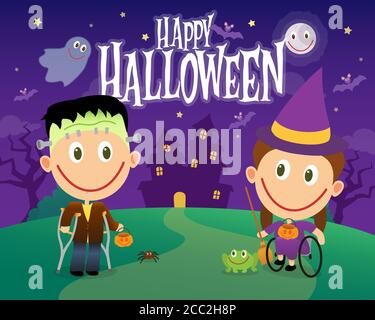 Junge in Krücken und Rollstuhl Mädchen auf halloween-Kostüme. Behinderte Kinder als frankenstein und Hexe gekleidet. Vektorgrafik Stock Vektor