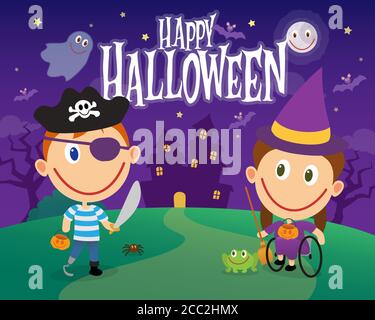 Amputee Junge und Rollstuhl Mädchen auf halloween Kostüme. Behinderte Kinder als Pirat und Hexe gekleidet. Vektorgrafik Stock Vektor