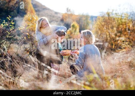 Kleines Mädchen mit Mutter und Großmutter sammeln Hagebutten in der Herbstnatur. Stockfoto