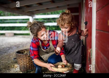 Portrait der Mutter mit kleiner Tochter auf dem Bauernhof stehend, mit Korb mit Eiern. Stockfoto