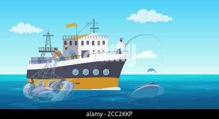 Fisher Menschen in Fischerboot Boot Vektor-Illustration. Cartoon flache kommerzielle Fischerei Industrie Hintergrund mit Fischer arbeiten, fangen Fisch Meeresfrüchte und mit Netz. Meer oder Meer Natur Landschaft Stock Vektor