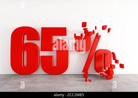 3D Rendering von fünfundsechzig Prozent roten Symbol auf weißem Hintergrund Stockfoto