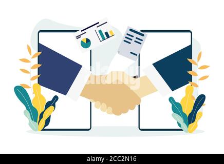 Menschen schütteln die Hände durch Handy-Bildschirme. Handshake, Partnerschaft oder Business Success Agreement Illustration Stock Vektor
