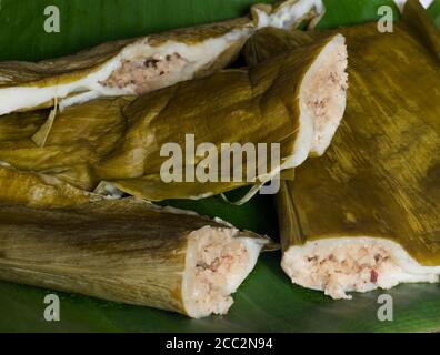 Indische Süßspeise aus gedämpftem Reismehl, gefüllt mit Jaggery, Kardamom und Kokosnuss. Eingewickelt in Kurkuma Blätter und Dampf in großen Behälter gekocht. Stockfoto